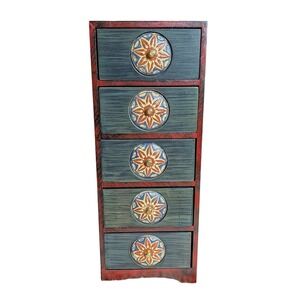Vintage Pier 1 Tabletop Cabinet 5 Drawer Wood Mini Chest Red Green Hand Painted